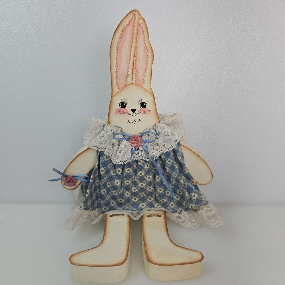 VTG Wooden Bunny Shelf Sitter 1992 Blue Lace Dress Easter Rabbit Decor Country